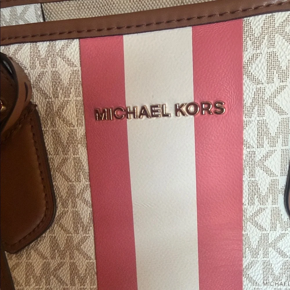 Michael Kors Cream Signature Tote with Pink & White Stripe